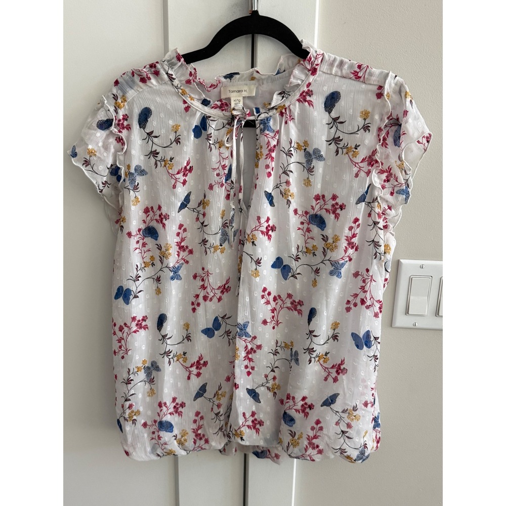 Tamara H Womens XL Butterfly Floral Swiss Dot Ruffle Tie Neck Bubble Hem Blouse